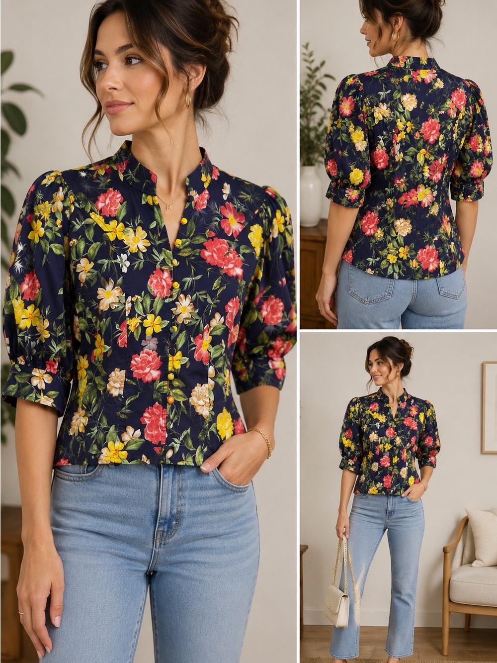 Marissa Webb Navy Floral Puff-Sleeve Blouse